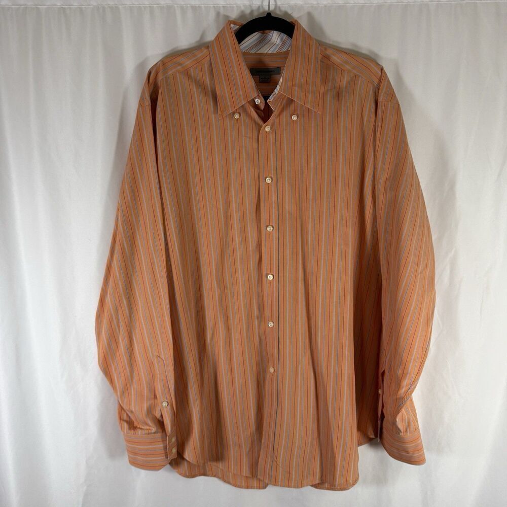 Johnston Murphy Dress Shirt Men's XL Orange Striped Button Up Long Sleeve Cotton